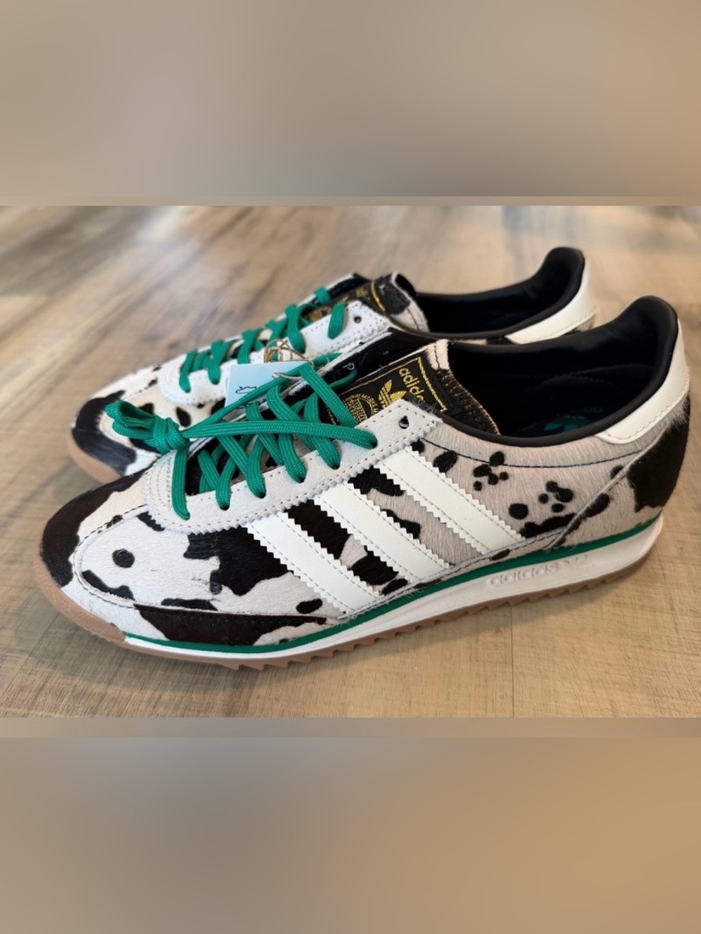 Adidas SL 72 OG Core Black White Cow Print Sneakers with Green Highlights